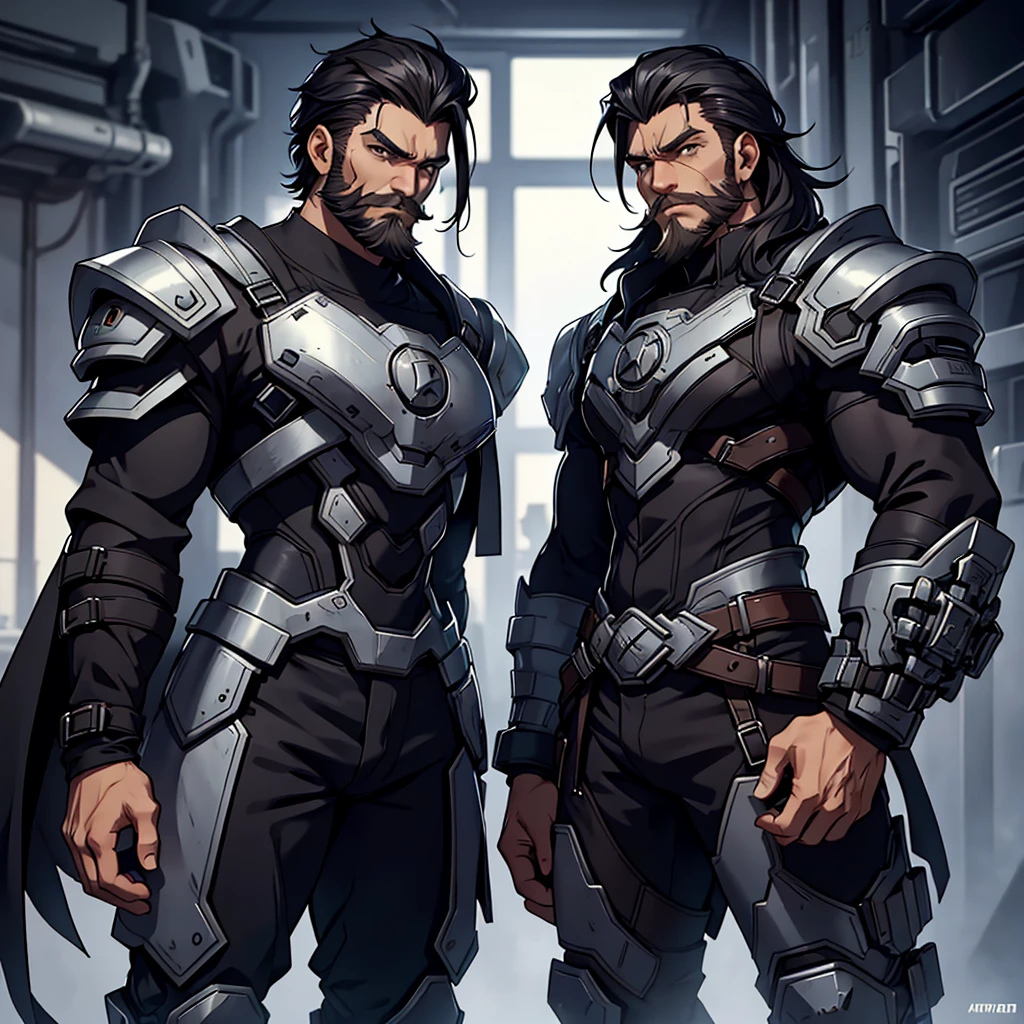 male character. has a scar on his face. He has a good appearance and is strong. He has a beard, but without a mustache. her hair is black. his face is serious. has futuristic and heavy clothes. besides the clothes being a bit chic.