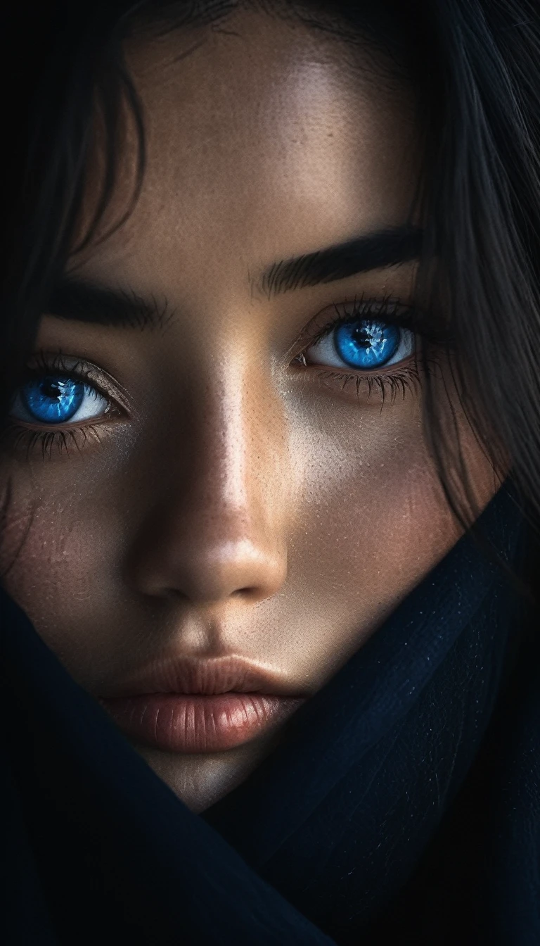 (closeup shot:1.37), portrait of a woman, Asian origin, scarf on head, the same scarf covers mouth and nose,beautiful blue eyes,few strands of hair visible,(best quality,4k,8k,highres,masterpiece:1.2),ultra-detailed,(realistic,photorealistic,photo-realistic:1.37),oil painting style,warm color tones,soft lighting, little dark, Low-key lighting Style