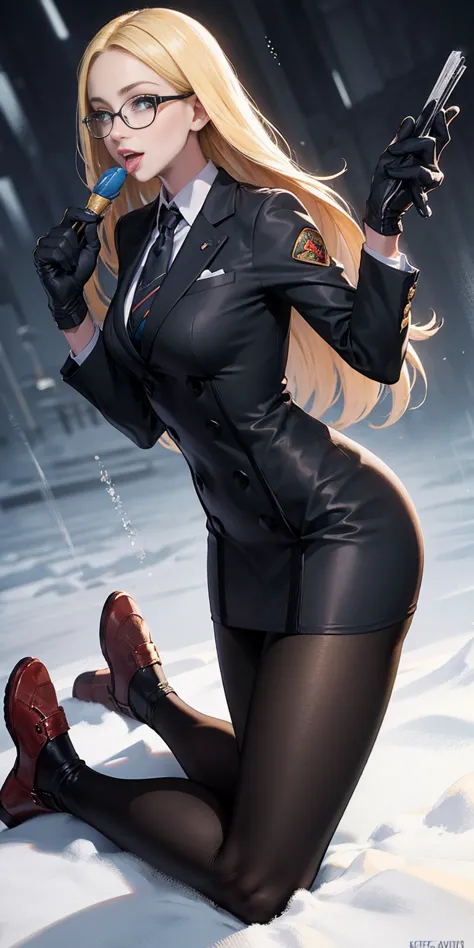 masterpiece, best quality, blonde hair, sfKolin, glasses, black shiny skirt suit (((three-piece suit))) necktie, blazer, suit ja...