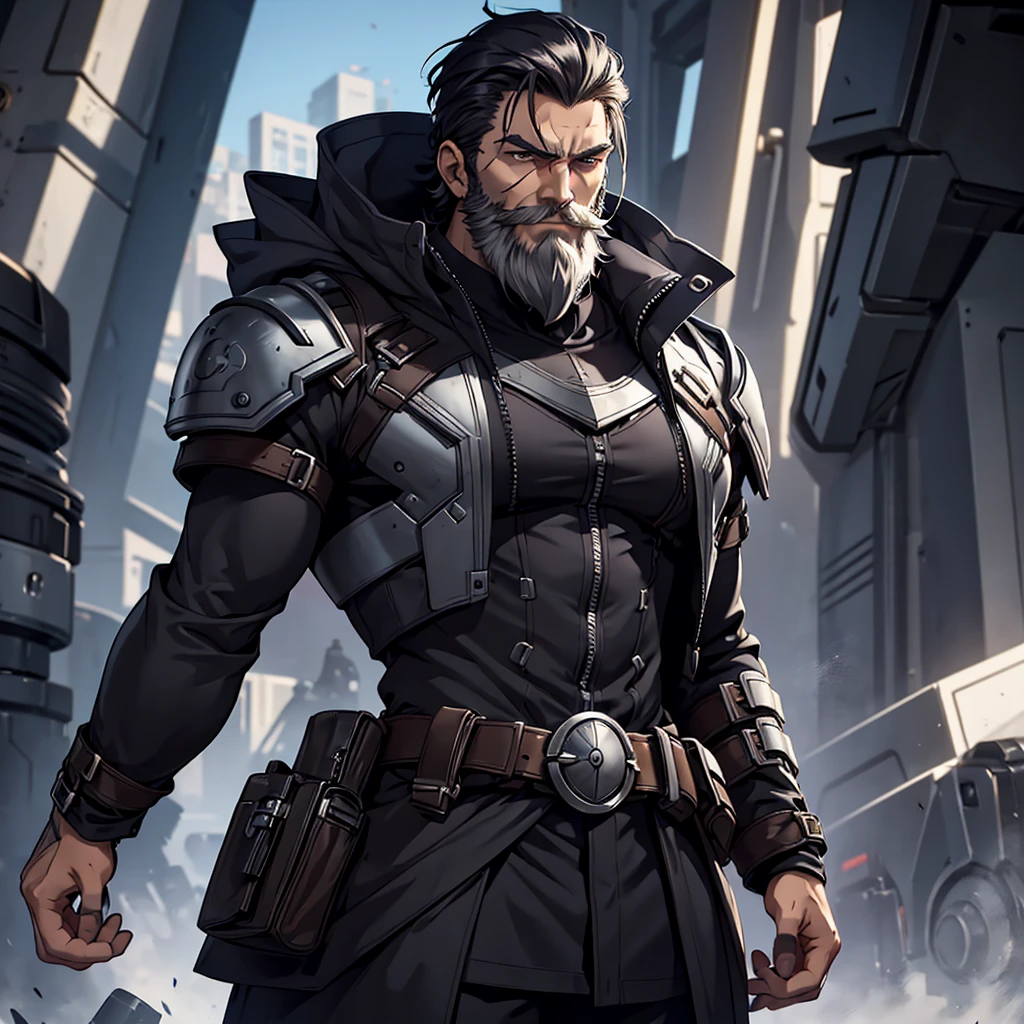 one male character. has a scar on his face. He has a good appearance and is strong. He has a beard, but without a mustache. her hair is black. his face is serious. has futuristic and heavy clothes. besides the clothes being a bit chic.