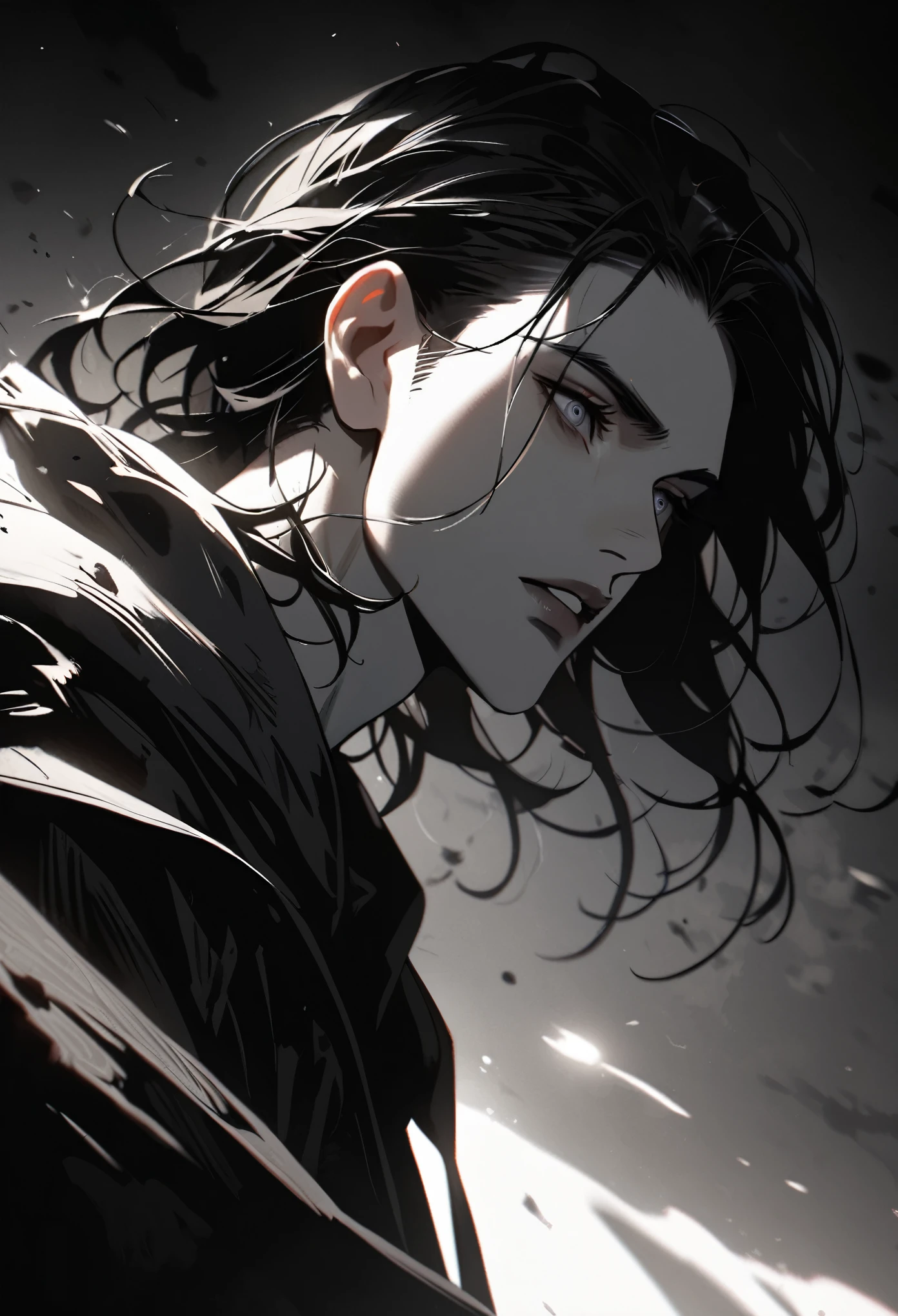 a man with short black hair with smoky gray tips, beautiful detailed eyes, beautiful detailed lips, extremely detailed face, black shirt, black and white background, hood, dramatic lighting, cinematic, moody, high contrast, dark fantasy