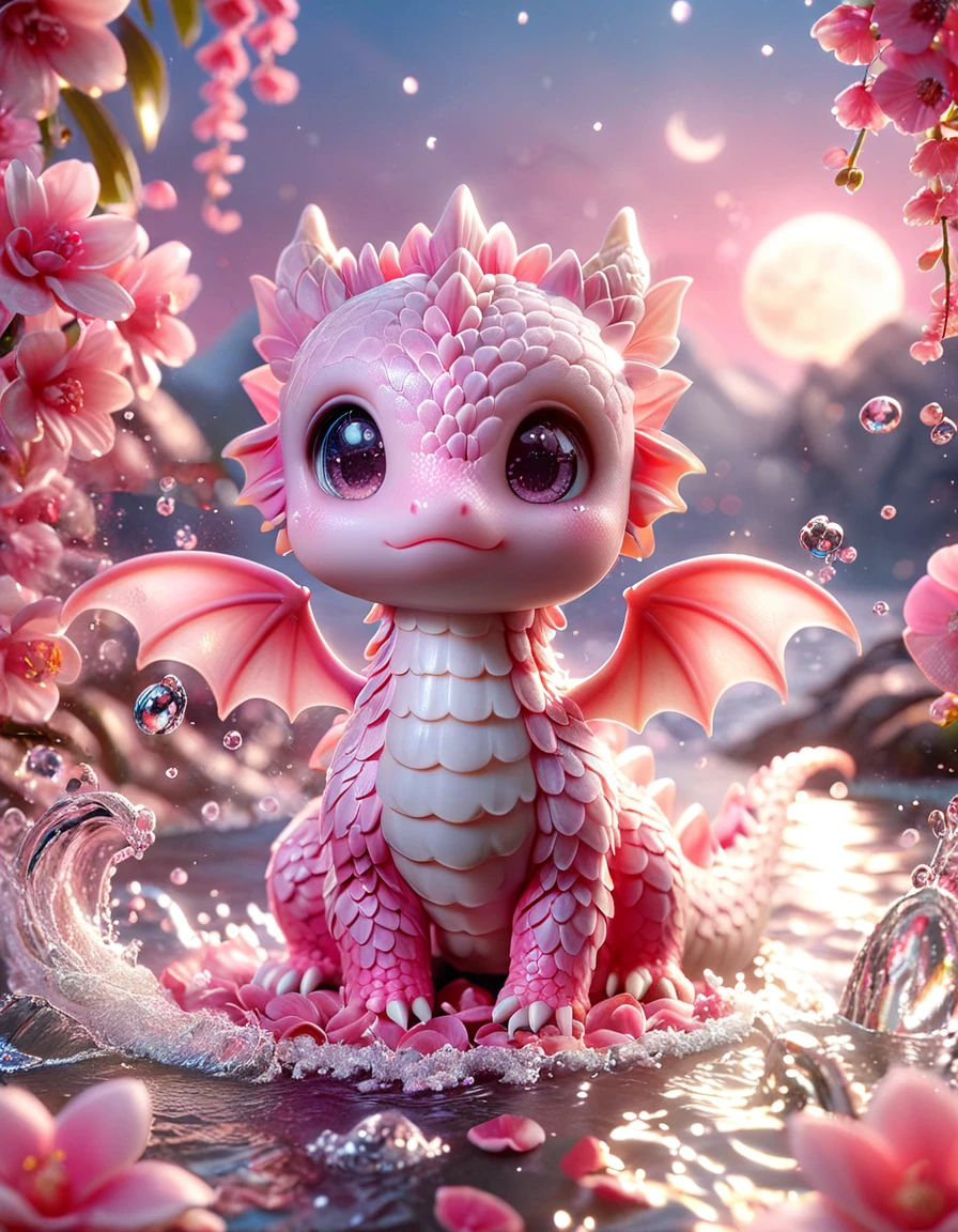 absurdres, highres, ultra detailed, HDR, master piece, best quality, small pink dragon, cute, solo, pink flowers, pink petals, water, magical, fantasy, glass, pink moon, pink lights