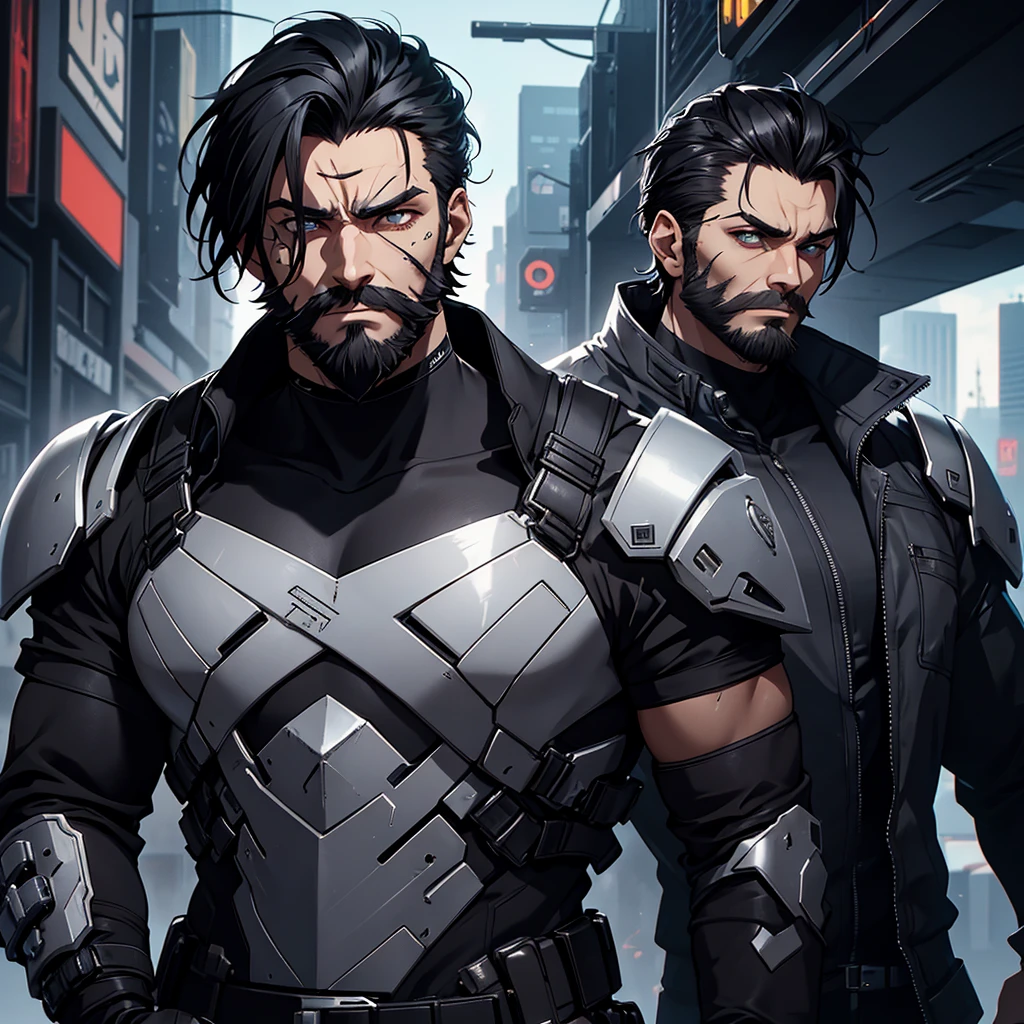 make one just a male character who has black hair and beard, in addition he must be wearing heavy and futuristic cyberpunk style clothing, he will also have a scar on his face and will have a very serious expression, and to finish he has a strong and well defined