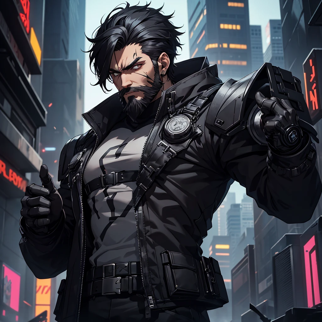 make one just a male character who has black hair and beard, in addition he must be wearing heavy and futuristic cyberpunk style clothing, he will also have a scar on his face and will have a very serious expression, and to finish he has a strong and well defined