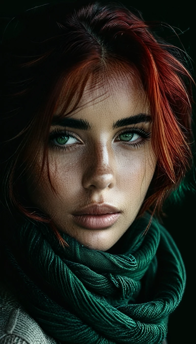 black and white photo, (medium shot:1.37), portrait of a woman,scarf on head, the same scarf covers mouth and nose,beautiful dark green eyes, red hair, few strands of hair visible,(best quality,4k,8k,highres,masterpiece:1.2),ultra-detailed,(realistic,photorealistic,photo-realistic:1.37),oil painting style,warm color tones,soft lighting, Low-key lighting Style