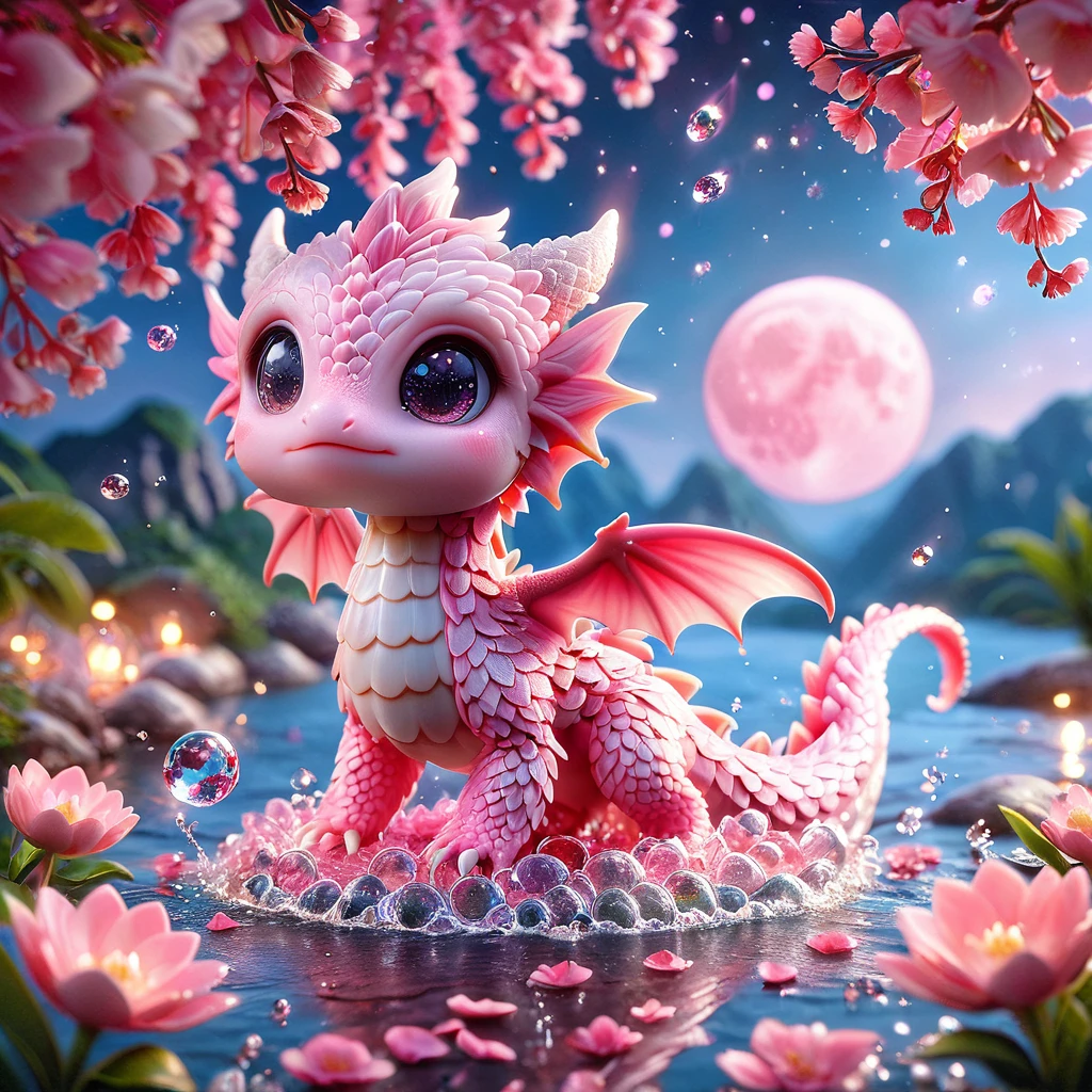 absurdres, highres, ultra detailed, HDR, master piece, best quality, small pink dragon, cute, solo, magic, pink flowers, pink petals, water, magical, fantasy, glass, pink moon, starry sky