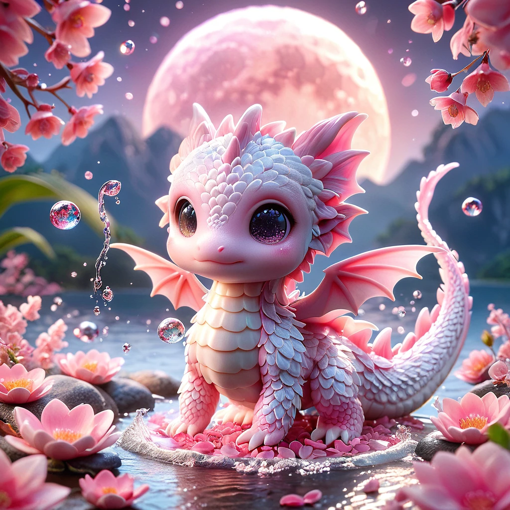 absurdres, highres, ultra detailed, HDR, master piece, best quality, small pink dragon, cute, solo, magic, pink flowers, pink petals, water, magical, fantasy, glass, pink moon, starry sky