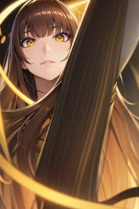 A woman with long, huge brown hair, yellow  eyes, flashy black clothes.
