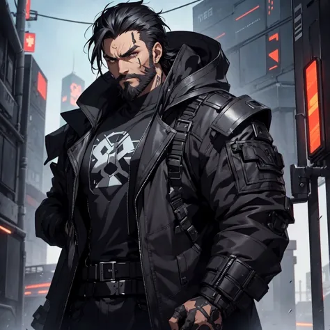 make one just a male character who has black hair and beard, in addition he must be wearing heavy and futuristic cyberpunk style...