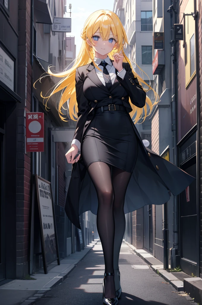  catalyst, yellow hair,long hair, Blue eyes,smile, big breasts , OL, end, black suit jacket, collared jacket, white dress shirt, collared shirt, Neckline, button, strap, ID card on neck, black pencil skirt, black pantyhose, stiletto heels,In town,building street,morning,Morning Day,Sunshine breaks looking at viewer,
BREAK outdoors,  In town,building street,
BREAK (masterpiece:1.2), highest quality, High resolution, unity 8k wallpaper, (figure:0.8), (detailed and beautiful eyes:1.6), highly detailed face, perfect lighting, Very detailed CG, (perfect hands, perfect anatomy),