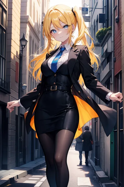  catalyst, yellow hair,long hair, blue eyes,smile, big breasts , OL, end, black suit jacket, collared jacket, white dress shirt,...