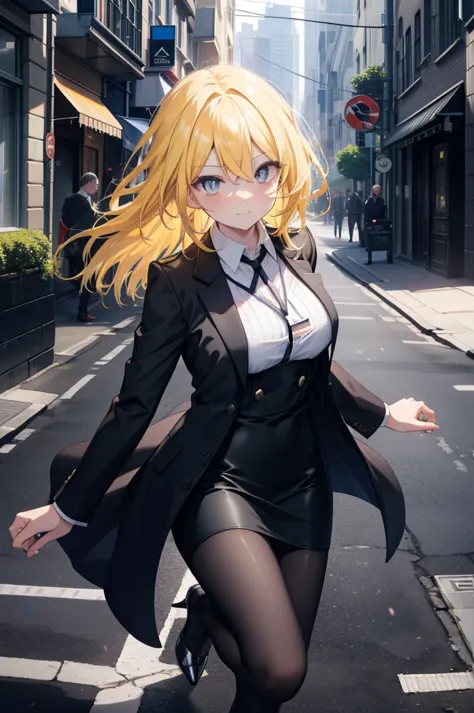  catalyst, yellow hair,long hair, blue eyes,smile, big breasts , OL, end, black suit jacket, collared jacket, white dress shirt,...