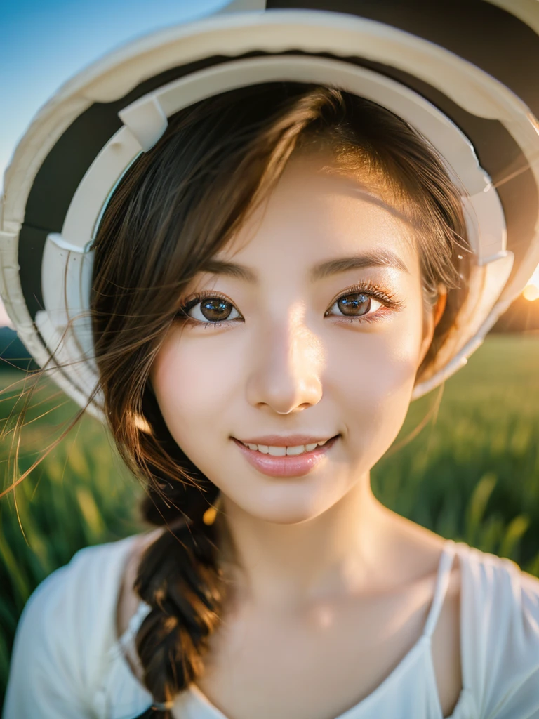 Japanese beautiful girl, ((Fisheye Lens, )) wind, sunset, Wheat field、, (Aesthetics and atmosphere:1.2),Smiling beautiful woman、8K、ultra HD、woman1 person((highest quality, 8K, masterpiece: 1.3)), woman (Wearing a white dress), Dancing,Sharp focus: 1.2, cute woman: 1.4, (((Random hairstyle)), Highly detailed face、skin、Hair Texture, detailed eyes, double eyelid, White skin, Beautiful and delicate nose, Cute young Japanese woman, 28 years old, At a dynamic angle, Pleasant to the eye、Thought-provoking composition, Emphasize the subject&#39;s hair,  Words and actions, The muted tones and contrast of light and shadow create a melancholic feeling.,