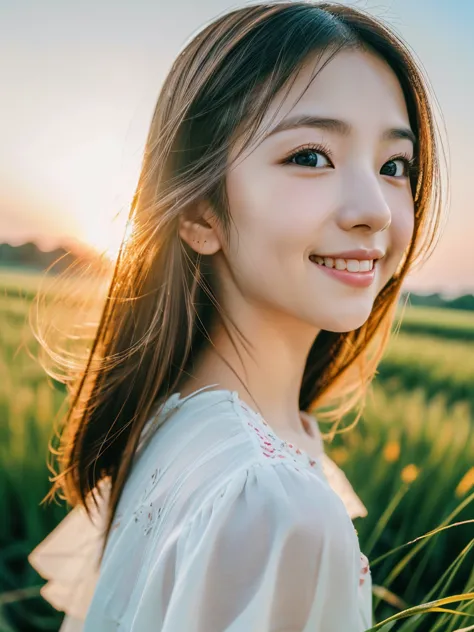 japanese beautiful girl, ((fisheye lens, )) wind, sunset, wheat field、, (aesthetics and atmosphere:1.2),smiling beautiful woman、...