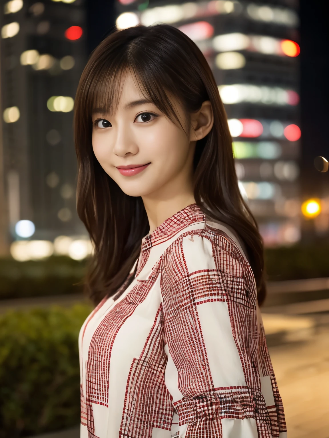 1 girl, (wearing a Check pattern red blouse:1.2), Beautiful Japan actress,
(RAW photo, highest quality), (realistic, Photoreal:1.4), masterpiece, 
very delicate and beautiful, very detailed, 2k wallpaper, wonderful, 
finely, Very detailed CG Unity 8K wallpaper, super detailed, High resolution, 
soft light, beautiful detailed girl, very detailed目と顔, beautifully detailed nose, beautiful and fine eyes, 
cinematic lighting, Against the backdrop of the cityscape at night, city lights, perfect anatomy, Random Body Orientation, slender body, smile