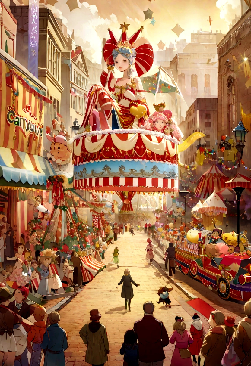 people are watching a float float float down a city street, floats carnival, magic parade float, parade floats, carnival on the background, stylized digital illustration, carneval, parade setting, in the macys parade, carnival, parade, curiosities carnival, carnival background, official artwork, rendering of beauty pageant, detailed digital illustration, higher detailed illustration, rendered illustration