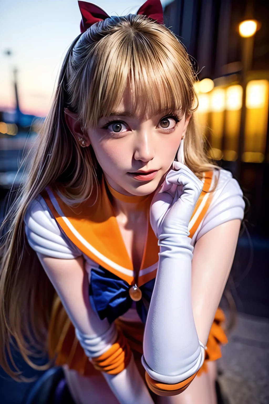 (realistic, photo-realistic:1.4), (best quality,masterpiece:1.2), RAW photo, high resolution, intricate details, extremely detailed, realistic and sharp details, cinematic lighting, (full body), frontal photography, solo, 1girl, sailor venus, sv1, MinakoAino, a Japanese female idol wearing a sailor senshi uniform, smuniform, jewelry, circlet, earrings, orange sailor collar, orange choker, blue neck ribbon, (white elbow gloves:1.2), orange skirt, orange ankle strap pumps, red hair bow, (blonde hair, long hair, bangs:1.5), detailed face, beautiful detailed eyes, beautiful pupils, pale skin, fine-textured skin, (perfect anatomy, prefect hands), photo background, outdoors, daytime 