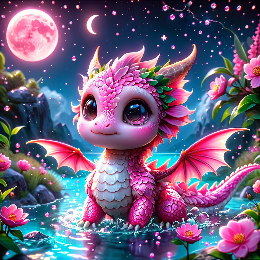 absurdos, alta resolução, ultra detalhado, hdr, obra de arte, melhor qualidade, pequeno dragão rosa, bonitinho, Sozinho, Magia, flores cor de rosa, pétalas de rosa, água, Magiaal, fantasia, vidro, Lua Rosa, Céu estrelado