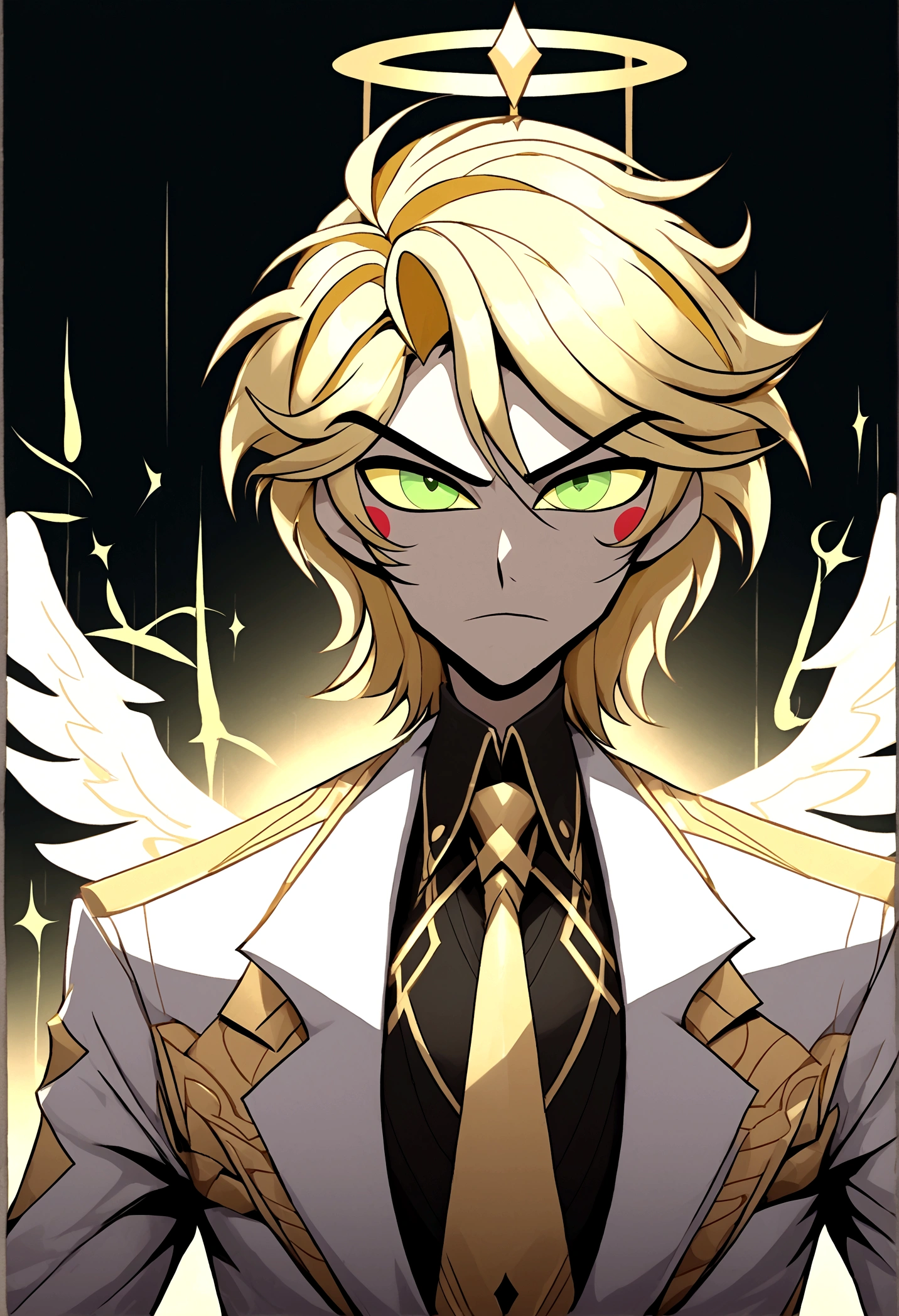 (masterpiece), best quality, expressive eyes, perfect face ,male focus, 1boy, solo, Blonde hair, medium hair, clean hair, tall, angel, heavenly host, Soldier, halo, green eyes, long sleeves, white suit, golden tie, golden shoulders, full body hazbin hotel
