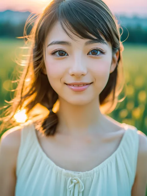 japanese beautiful girl, ((fisheye lens, )) wind, sunset, wheat field、, (aesthetics and atmosphere:1.2),smiling beautiful woman、...