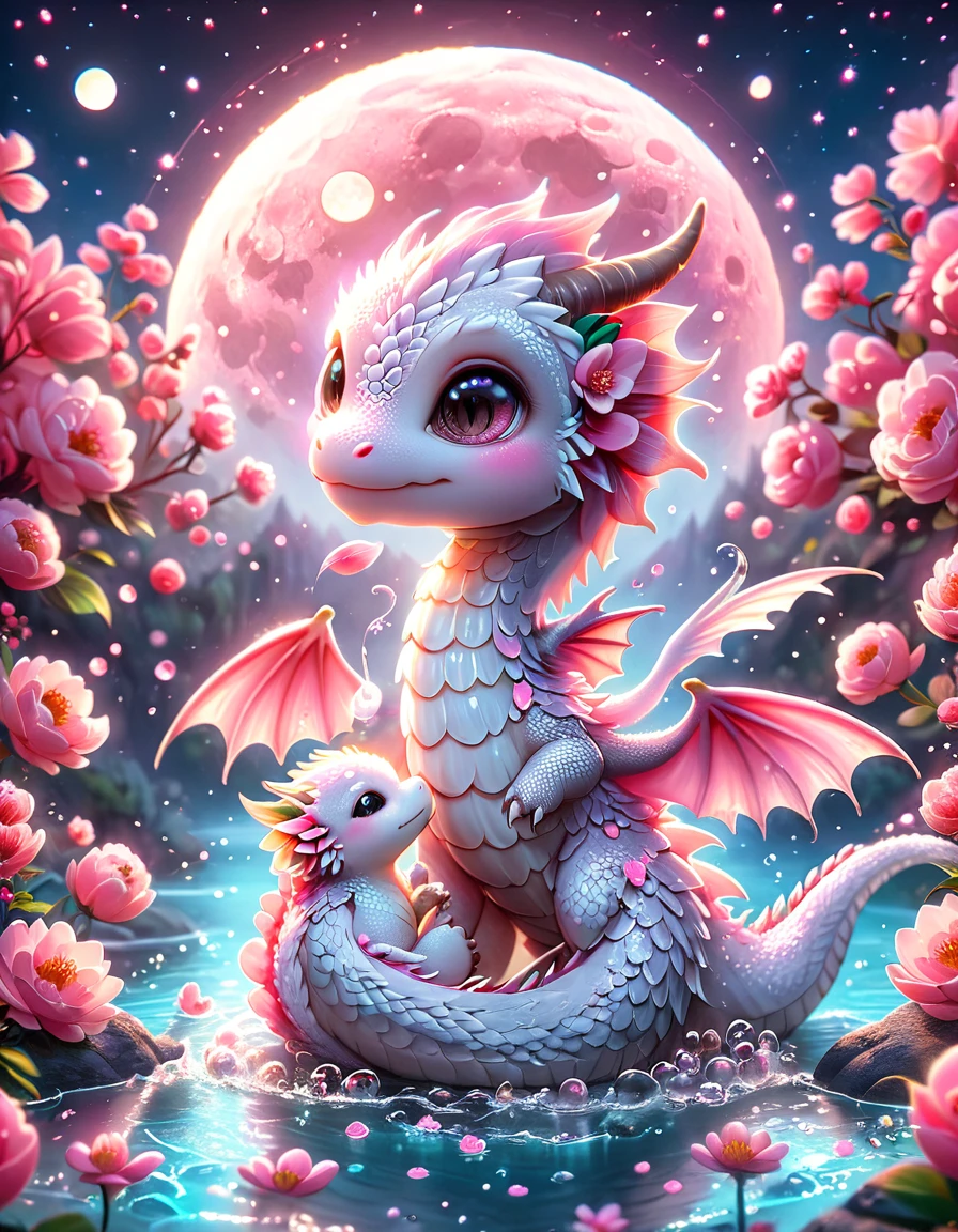 absurdres, highres, ultra detailed, HDR, master piece, best quality, small pink dragon, two small dragons together, small white dragon, couple, yaoi, cute, solo, magic, pink flowers, pink petals, water, magical, fantasy, glass, pink moon, starry sky