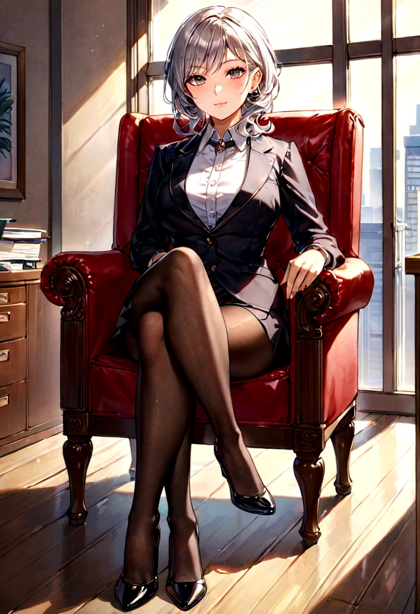 Crossed legs,Office,Pantyhose, rays of light, elegance face,mature face -  SeaArt AI