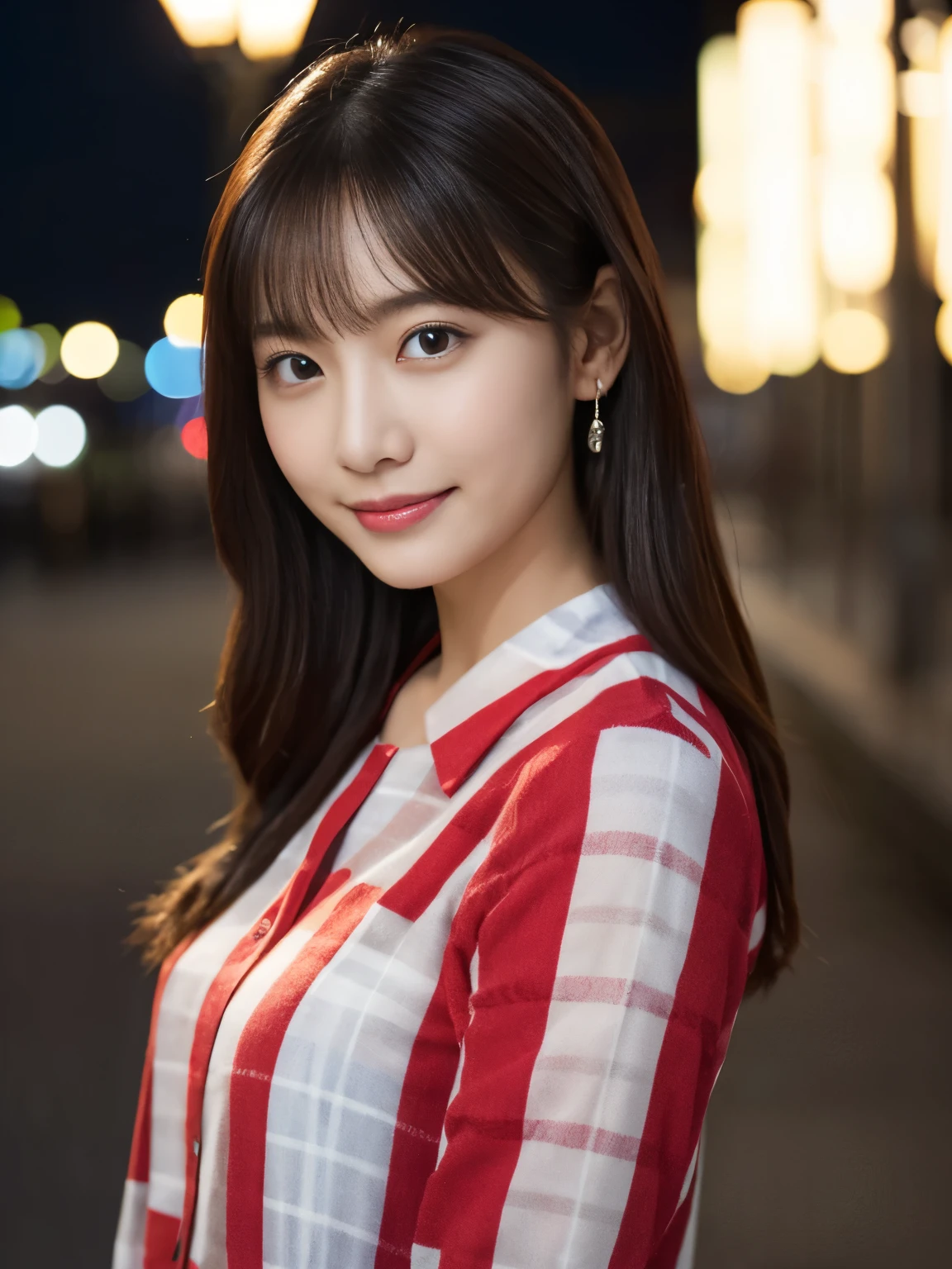 1 girl, (wearing a Check pattern red blouse:1.2), Beautiful Japan actress,
(RAW photo, highest quality), (realistic, Photoreal:1.4), masterpiece, 
very delicate and beautiful, very detailed, 2k wallpaper, wonderful, 
finely, Very detailed CG Unity 8K wallpaper, super detailed, High resolution, 
soft light, beautiful detailed girl, very detailed目と顔, beautifully detailed nose, beautiful and fine eyes, 
cinematic lighting, Against the backdrop of the cityscape at night, city lights, perfect anatomy, slender body, smile