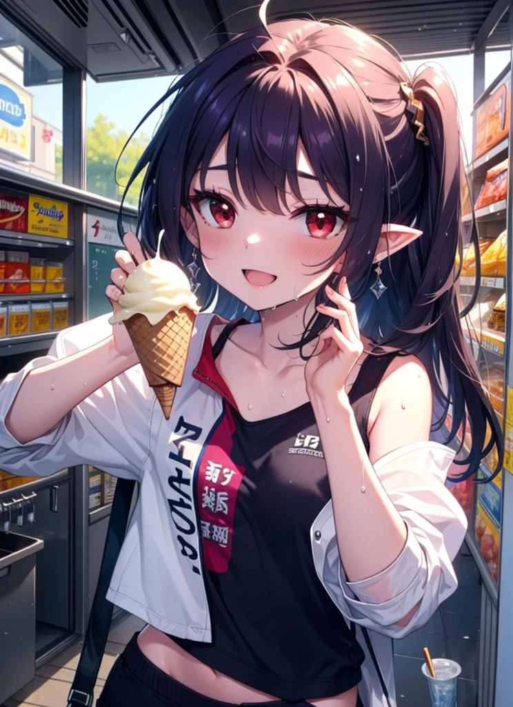 yuukikonno, Yuki Konno, hair band, Long Hair, Pointy Ears, Purple Hair, Sweat,Wet Skin,happy smile, smile, Open your mouth,(Red eyes:1.5), (Small breasts:1.2), Purple Tank Top,Sweat,Wet clothes,Shorts,Cute Sandals,Baseball cap,Holding ice cream in one hand,
break looking at viewer, whole body,
break outdoors,convenience store,
break (masterpiece:1.2), Highest quality, High resolution, unity 8k wallpaper, (shape:0.8), (Beautiful details:1.6), Highly detailed face, Perfect lighting, Extremely detailed CG, (Perfect hands, Perfect Anatomy),