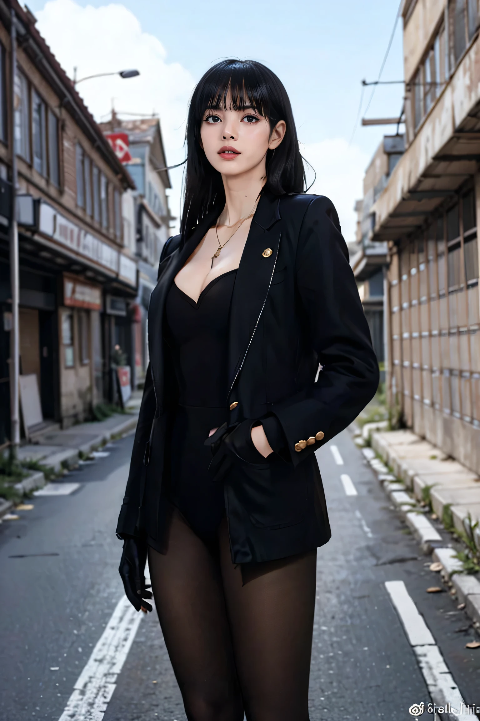 masterpiece, Highest quality,dnfSpectre, Earrings, Cleavage, Black jacket, Black leotard, pantyhose, Black gloves, sunglasses, night, Abandoned City, Large Breasts,(Browsing Caution:0.9),(Long white hair)
