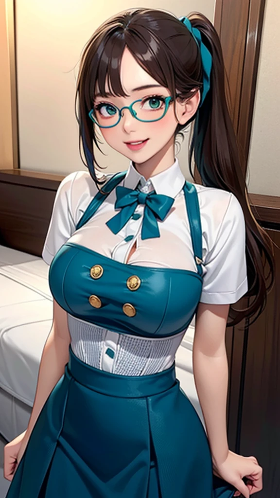 1 female,12 years old,Brown Hair,Beautiful low ponytail hairstyle, (A teal high-waisted skirt and a white shirt, (Double-breasted,Underbust:1.2), Short sleeve, Button gap,Natural smile,,Frameless Glasses,