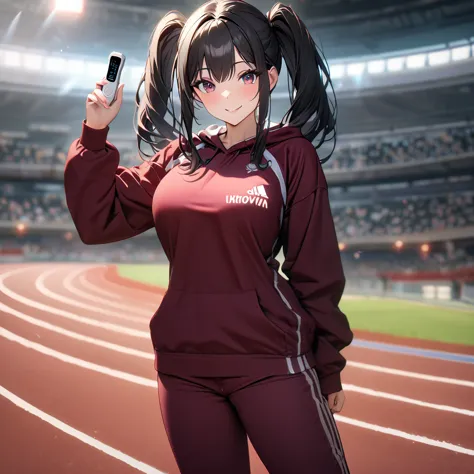 a woman wearing a burgundy sweatshirt, burgundy sports pants, sports sneakers, black hair, long hair, pigtails, burgundy eyes, s...