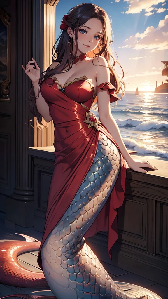 "Una impresionante obra maestra te espera mientras describes una sirena envuelta en un vestido rojo., su sonrisa tan encantadora como el mar. ¿Elegirás una toma cercana o una renderización de alta resolución para esta foto original??"