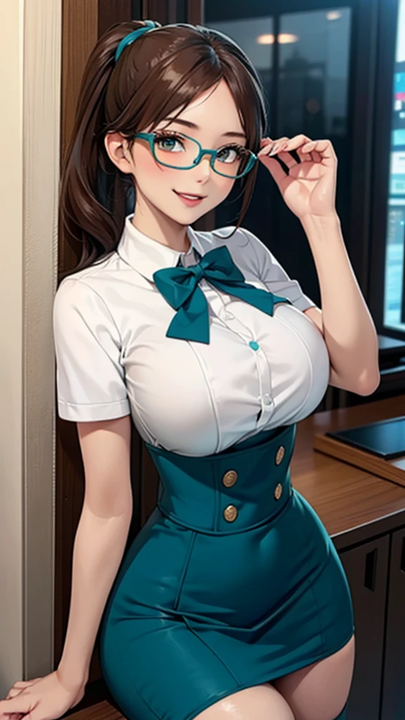 1 female,12 years old,Brown Hair,Beautiful low ponytail hairstyle, (A teal high-waisted skirt and a white shirt, (Double-breasted,Underbust:1.2), Short sleeve, Button gap,Natural smile,,Frameless Glasses,