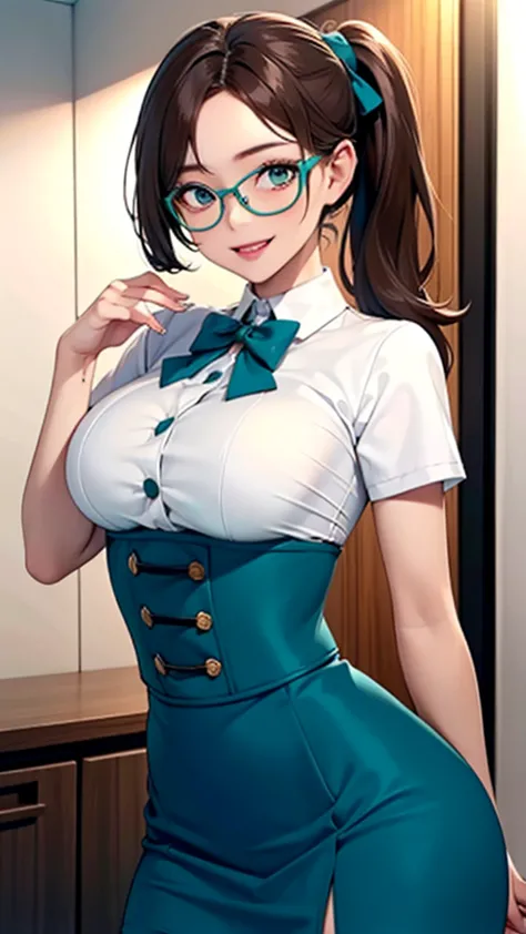 1 female,12 years old,Brown Hair,Beautiful low ponytail hairstyle, (A teal high-waisted skirt and a white shirt, (Double-breaste...