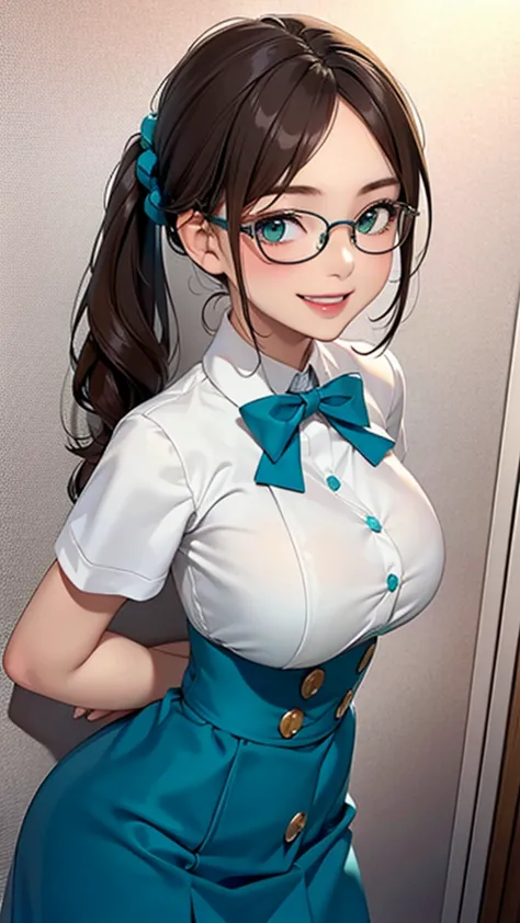 1 female,12 years old,Brown Hair,Beautiful low ponytail hairstyle, (A teal high-waisted skirt and a white shirt, (Double-breaste...