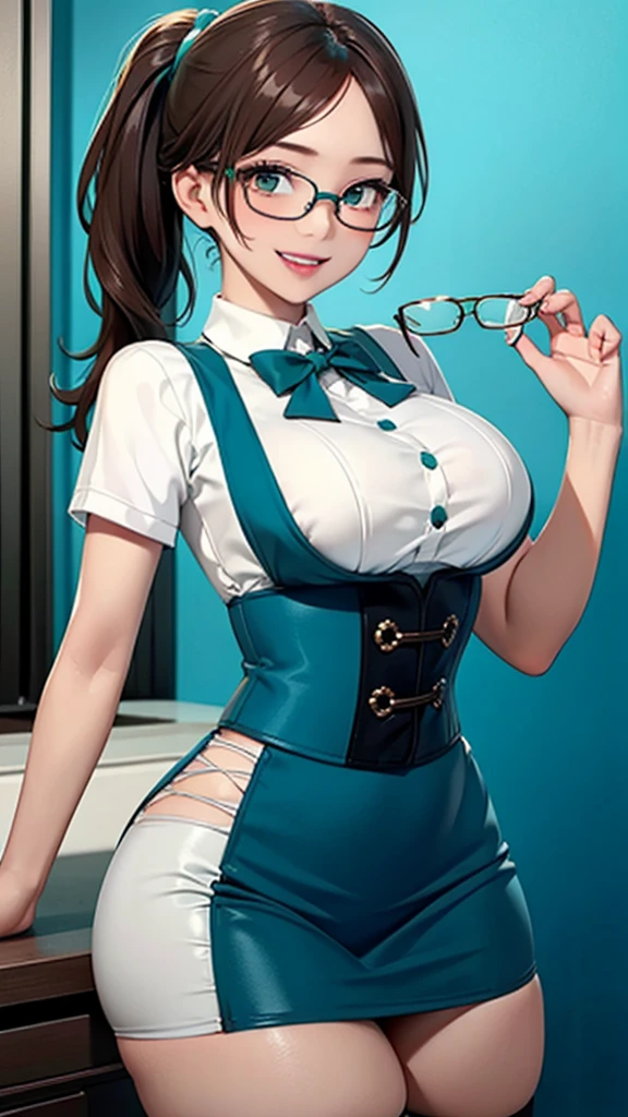 1 名女性,12岁,棕色的头发,美丽的低马尾发型, (蓝绿色高腰半身裙和白色衬衫, (双排扣,下胸围:1.2), 短袖, 按钮间隙,自然的微笑,,无框眼镜,