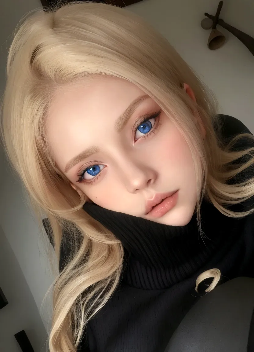 blonde woman with blue eyes and black sweater posing for a photo, yelena belova, blond hair and large eyes, olhos azuis e cabelo...