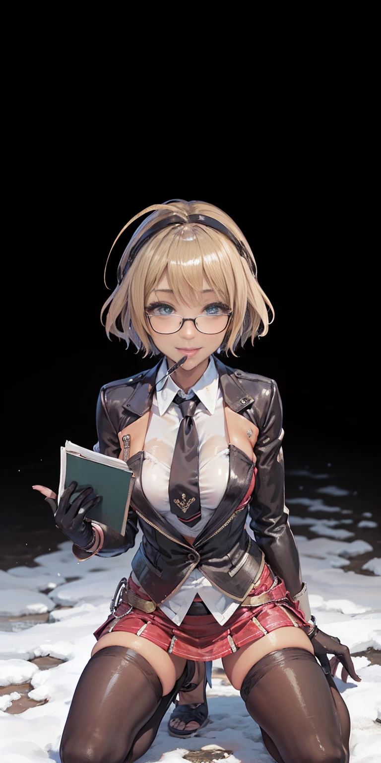 masterpiece, best quality, blonde hair, sfKolin, glasses, black shiny skirt suit (((three-piece suit))) necktie, blazer, suit jacket, waistcoat, bodycon skirt, snow, grey sky, black gloves, holding clipboard, smiling, looking at viewer, kneeling, blowjob, penis in mouth, oral sex, fellatio