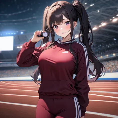 a woman wearing a burgundy sweatshirt, burgundy sports pants, sports sneakers, black hair, long hair, pigtails, burgundy eyes, s...