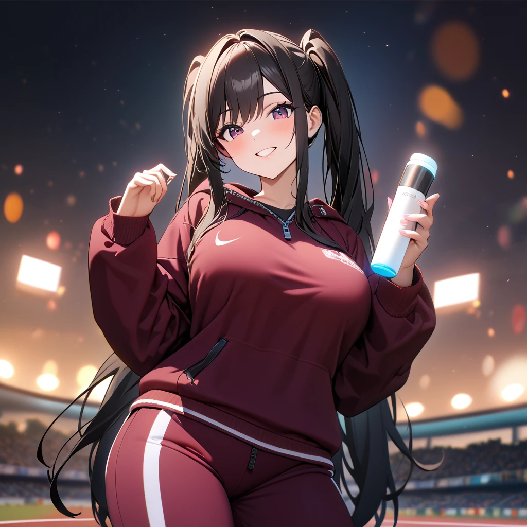 A woman wearing a burgundy sweatshirt, burgundy sports pants, sports sneakers, black hair, long hair, pigtails, burgundy eyes, smiling, big breasts, on an athletics track, standing upright, holding a hand timer, night place, with lighting,UHD , prime work , accurate , anatomically correct , textured skin , super details , high quality , best quality, 8k, high resolution, bokeh effect. (woman alone)
