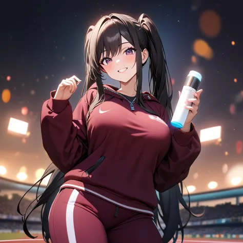 a woman wearing a burgundy sweatshirt, burgundy sports pants, sports sneakers, black hair, long hair, pigtails, burgundy eyes, s...