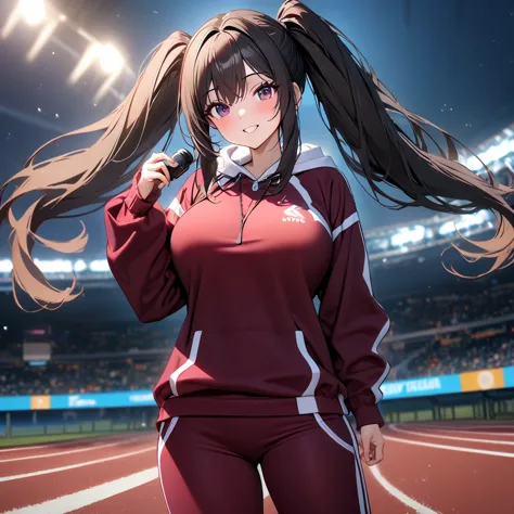 a woman wearing a burgundy sweatshirt, burgundy sports pants, sports sneakers, black hair, long hair, pigtails, burgundy eyes, s...