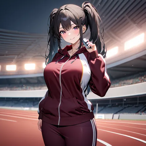 a woman wearing a burgundy sweatshirt, burgundy sports pants, sports sneakers, black hair, long hair, pigtails, burgundy eyes, s...