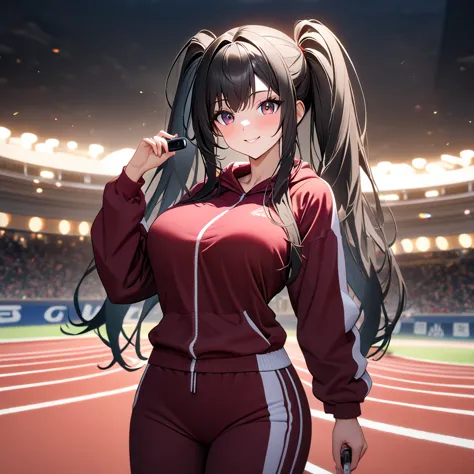 a woman wearing a burgundy sweatshirt, burgundy sports pants, sports sneakers, black hair, long hair, pigtails, burgundy eyes, s...