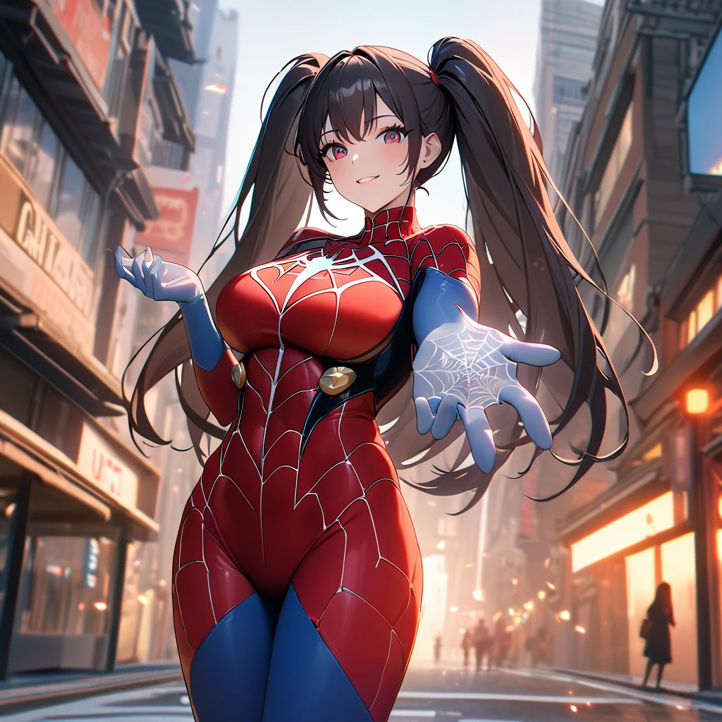 A woman wearing a traditional red spiderman costume with blue leg parts, no mask, long hair, pigtails, burgundy eyes, big breasts, spider web in her hands, on top of a building, in a big city, smiling, standing posture.,UHD , prime work , accurate , anatomically correct , textured skin , super details , high quality , best quality, 8k, high resolution, bokeh effect. (woman alone)
