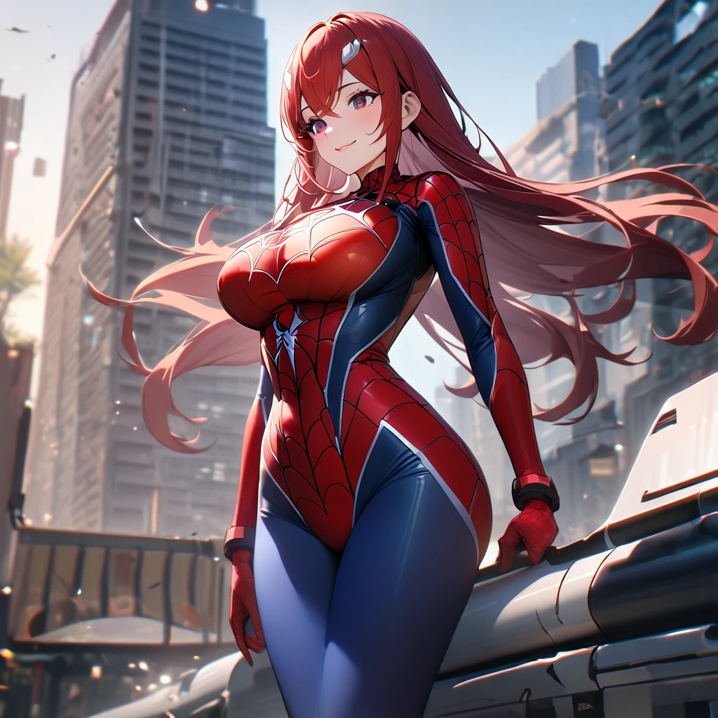 A woman wearing a traditional red spiderman costume with blue leg parts, no mask, long hair, pigtails, burgundy eyes, big breasts, spider web in her hands, on top of a building, in a big city, smiling, standing posture.,UHD , prime work , accurate , anatomically correct , textured skin , super details , high quality , best quality, 8k, high resolution, bokeh effect. (woman alone)
