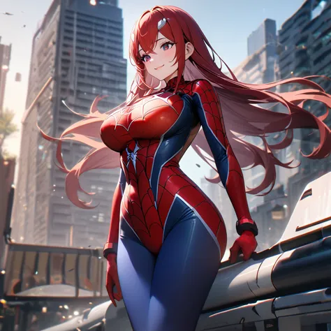 a woman wearing a traditional red spiderman costume with blue leg parts, no mask, long hair, pigtails, burgundy eyes, big breast...