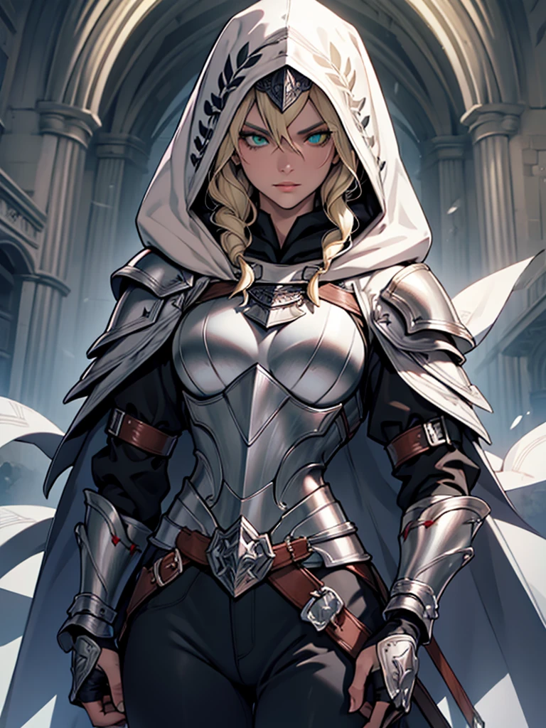 (super detailed:1.3),((best quality:1.2)),((masterpiece:1.2)),female focus, beauty, (highly detailed face), highly detailed eyes, highly detailed lips,((platinum blonde hair)),long hair, red robes with a hood, gauntlets,pauldrons,gorget,green eyes, caucasian skin,serious expression,((older woman)),((((wearing hood:1.1)))),(silver armor),paladin,black pants,cowboy shot