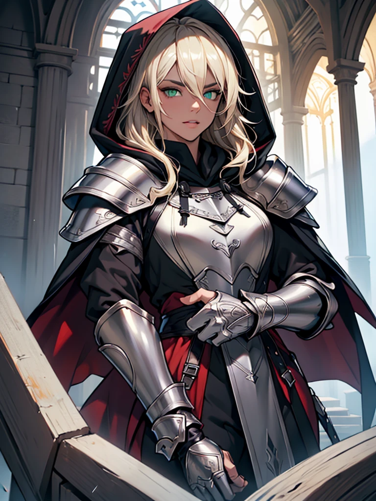 (super detailed:1.3),((best quality:1.2)),((masterpiece:1.2)),female focus, beauty, (highly detailed face), highly detailed eyes, highly detailed lips,((platinum blonde hair)),long hair, red robes with a hood, gauntlets,pauldrons,gorget,green eyes, caucasian skin,serious expression,((older woman)),((((wearing hood:1.1)))),(silver armor),paladin,black pants,cowboy shot