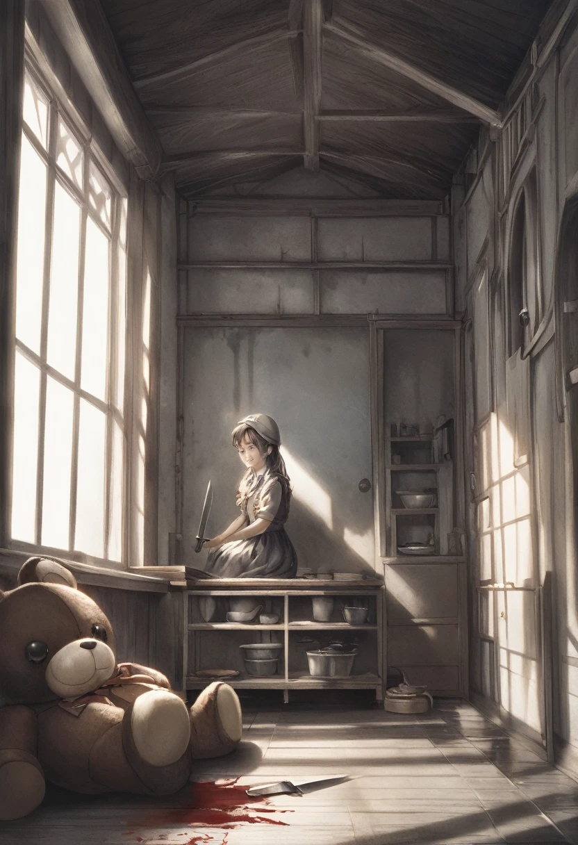 detailed illustration (side view),dynamic angle, ultra-detailed, illustration, clean line art, shading, anime, detailed eyes, detailed face, beautiful face, dramatic lighting, detailed illustration, dynamic angle, ultra-detailed, illustration,

A brown teddy bear with button eyes, A toy teddy bear, Sitting in the corner of a prison cell, Fun toy in a dark room, bloody kitchen knife next to it, bloody dead adult human body on the ground off to the side in the shadows,